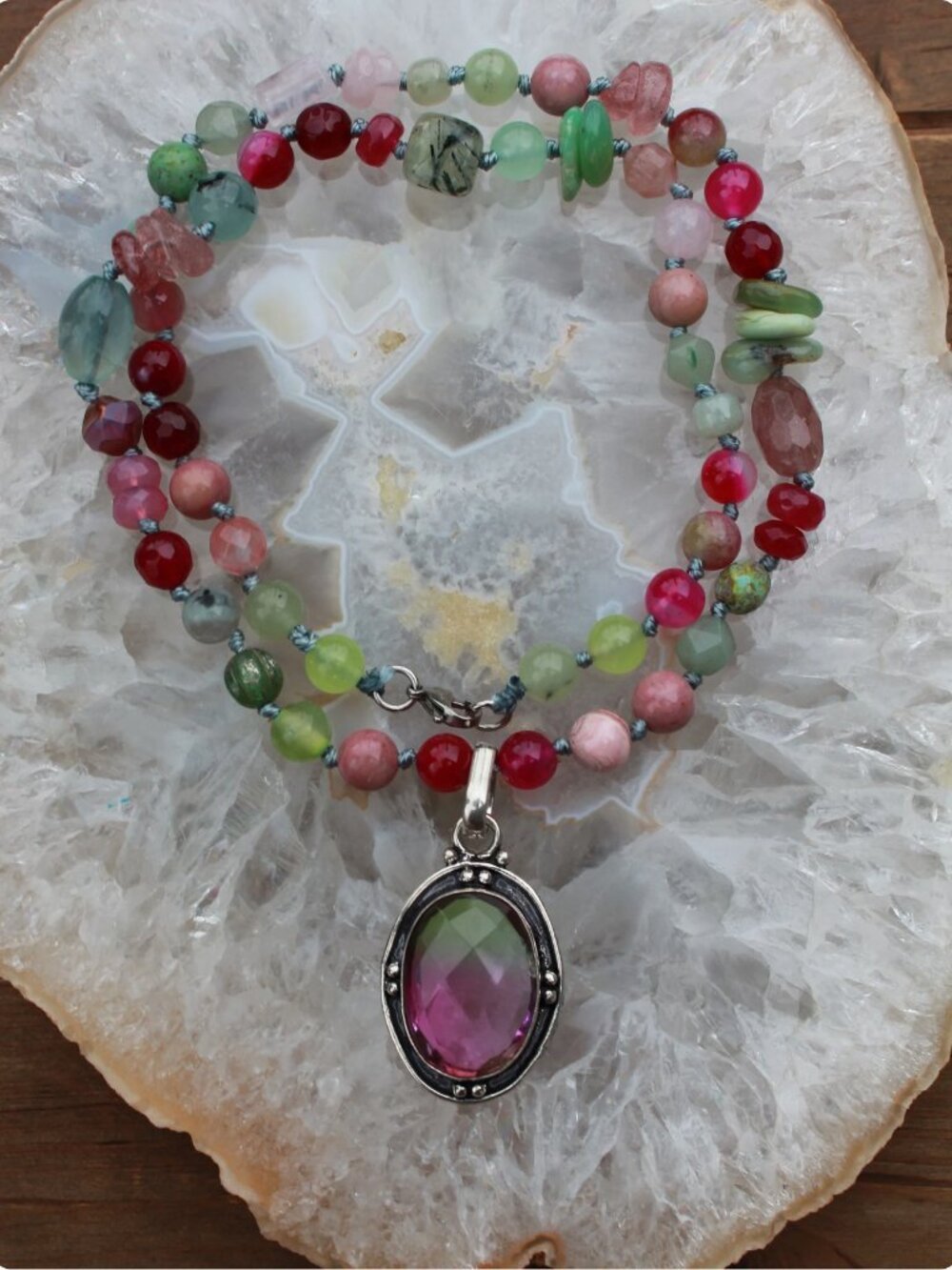 Beaded Gemstone Necklace in Pink and Green with Tourmaline Pendant - Picture 7 of 7